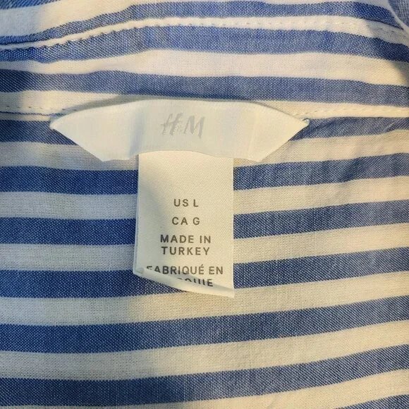 H&M Blue White Stripe Button Front Top L Long Sleeve 100% Cotton Coastal Capsule - Picture 8 of 10